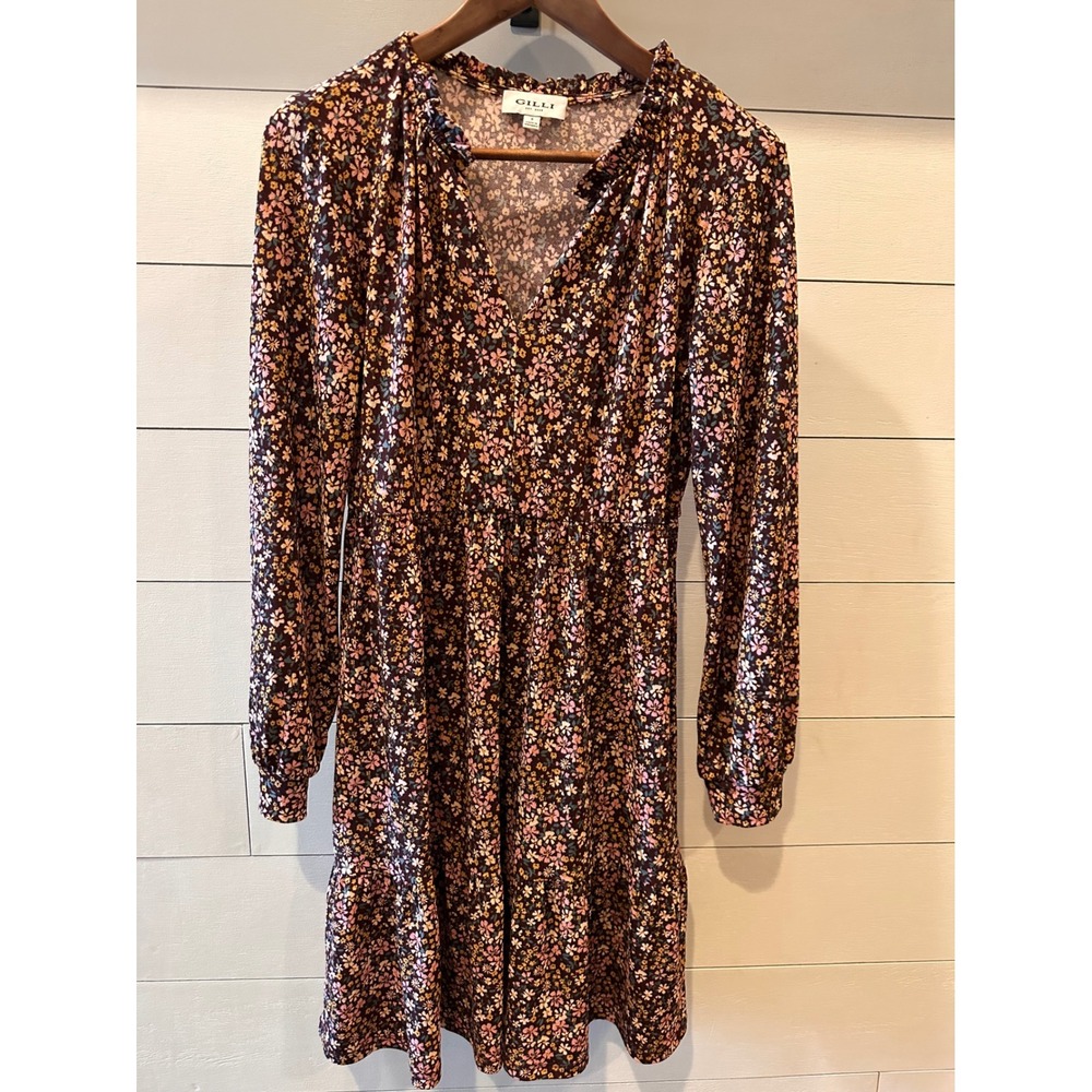 Gilli Burgundy Floral Long Sleeve Tiered Mini Dress Ruffle Neck Small D17675A